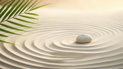 Naklejka premium Asian Garden of Balance - Zen Sand Pattern with Delicate Palm Leaves for Meditation Retreats