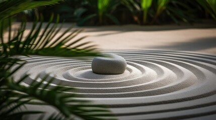 Asian Garden of Balance - Zen Sand Pattern with Delicate Palm Leaves for Meditation Retreats