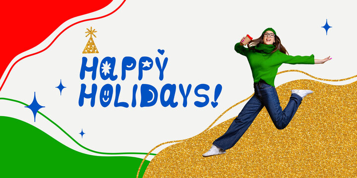 Poster. Banner. Contemporary art collage. Modern creative art work. Delightful woman with cup of coffee jumping of happy over painted background with inscription. - Powered by Adobe