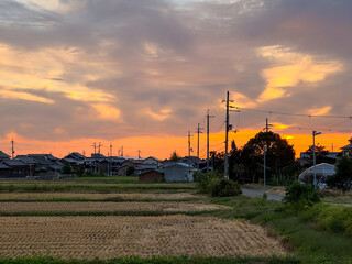 Sunset on rural Japanese village and dry harvested rice field in fall