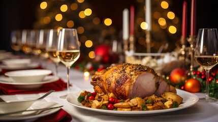 Christmas Dinner tabletop, beautifully decorated with creamy bokeh christmas lights in the background 