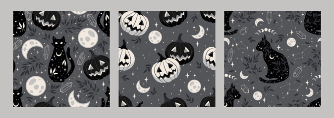Set of seamless patterns with pumpkins, cats, crystals, moon on dark gray background.  Vector Halloween background in flat style. For textiles, clothing