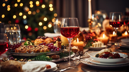 Christmas Dinner tabletop, beautifully decorated with creamy bokeh christmas lights in the...