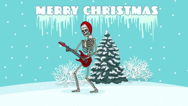animated, skeleton in at of Santa Claus with guitar with chroma key
