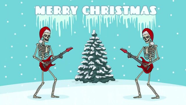 animated, skeleton in at of Santa Claus with guitar with chroma key

