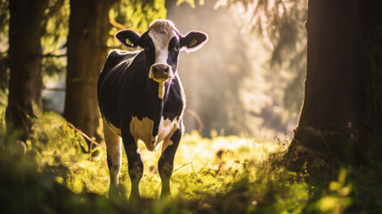 black and white domestic cow standing in a forest on a sunny summer day