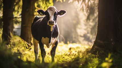 Fototapeten black and white domestic cow standing in a forest on a sunny summer day © Flowal93