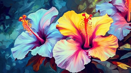 Vibrant hibiscus flowers. Fantasy concept , Illustration painting.