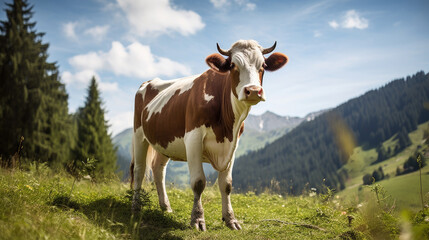 Fototapeta na wymiar brown and white domestic cow standing on a green field in the mountains on a sunny summer day