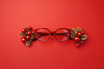 Christmas eye glasses with decoration of spruce branches and balls toy on a red festive background. - obrazy, fototapety, plakaty