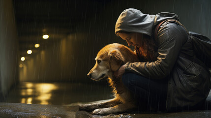 Sad golden retriever dog and a woman sitting outside in the rain