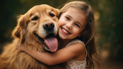 Cute smiling little girl is hugging a happy golden retriever dog