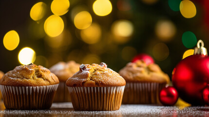 Obraz na płótnie Canvas Close up shot of christmas muffins with decorations and a blurred christmas background