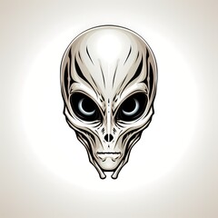 Alien head with blue eyes and black nose on white background.