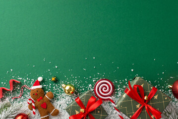 Original Christmas concept. Top view of green presents, red and gold balls, gingerbread man, lollipop, frosted fir branches on a snowy green backdrop with room for your greeting or advert