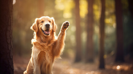 Cute golden retriever dog sitting in a forest and raising its paw with natural sunlight