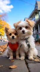 Couple of small dogs sitting on top of sidewalk.