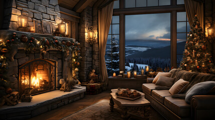 Fototapeta na wymiar Cozy living room with fireplace and festive Christmas tree