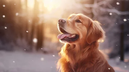 Poster Portrait of a happy golden retriever head while it is snowing in a beatiful winter landscape © Flowal93