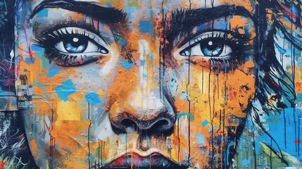 Urban street art, face of a girl. Fantasy concept , Illustration painting. - obrazy, fototapety, plakaty