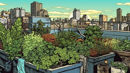 Fototapeta premium Urban rooftop gardening. Fantasy concept , Illustration painting.