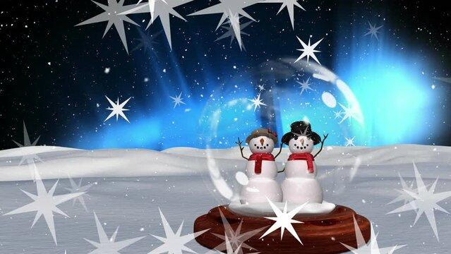 Animation of stars, snowman in sphere on snow covered land with lens flares against space