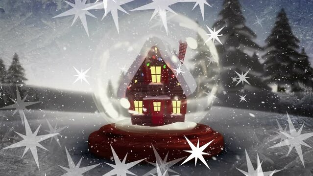 Animation of stars and snowfall on house in glass sphere against snow covered trees