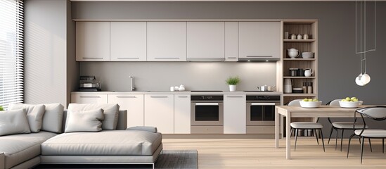 Contemporary living area with kitchen decor With copyspace for text