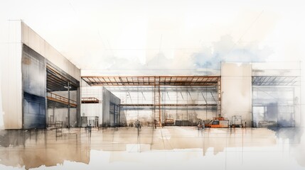Obraz premium Architectural drawing of a large modern warehouse, unfinished sketch, rough watercolor.