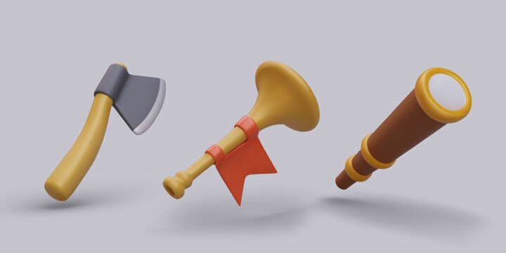 3D axe, bugle with red flag, spyglass. Game illustrations in cartoon style. Set of color icons. Espionage, anxiety, battle. Vector design for online entertainment