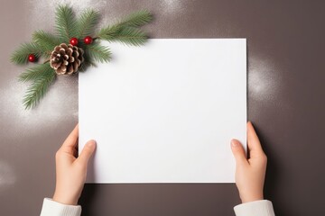 Woman hands with blank for writing wish list on a brown background with fir tree branch - obrazy, fototapety, plakaty