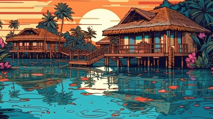 Tropical resort with overwater bungalows. Fantasy concept , Illustration painting. - obrazy, fototapety, plakaty