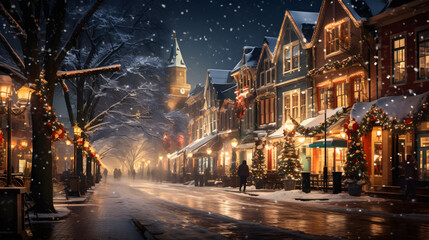 Snowy town square illuminated by twinkling Christmas lights