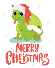 Merry Christmas vertical card with dragon. Cartoon cute baby fairy tale fantasy character. Vector Illustration.	