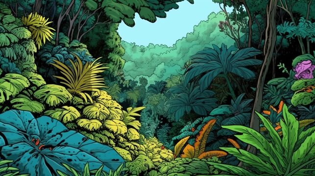Tropical rainforest vegetation. Fantasy concept , Illustration painting.