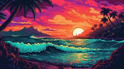 Tropical beach sunset. Fantasy concept , Illustration painting.