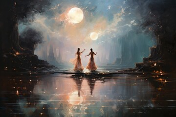 Graceful moonlit dancers, moving in perfect synchrony with the celestial rhythms - Generative AI - obrazy, fototapety, plakaty