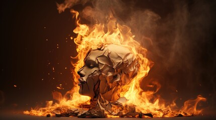 Dementia Metaphor: human head engulfed in flames made of crumpled paper, serving as a metaphor for dementia and the impact of emotional strain at work.