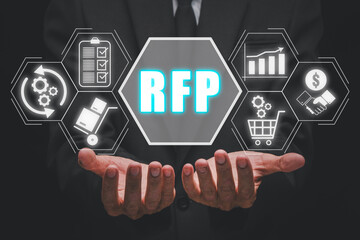 RFP, Request for proposal concept, Businessman hand holding request for proposal icon on virtual screen. - obrazy, fototapety, plakaty