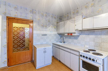 interior apartment kitchen and dining room, refectory area, cooking equipment, table furniture, stove
