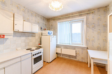 interior apartment kitchen and dining room, refectory area, cooking equipment, table furniture, stove