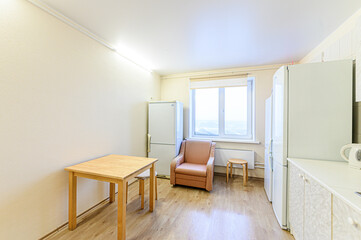 interior apartment kitchen and dining room, refectory area, cooking equipment, table furniture, stove