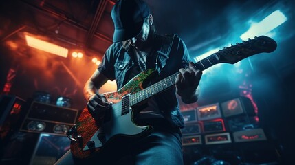 In video game style, musician holding guitar is playing music, concert stage background. - obrazy, fototapety, plakaty