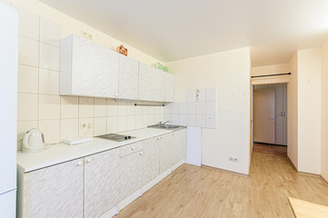 interior apartment kitchen and dining room, refectory area, cooking equipment, table furniture, stove