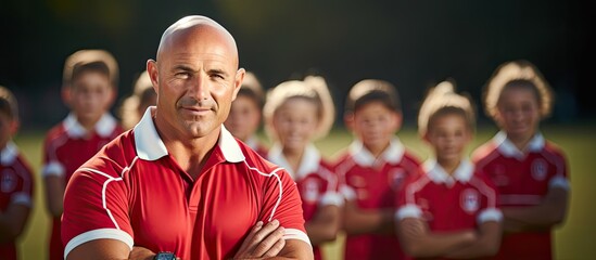 Coach with primary school rugby team With copyspace for text