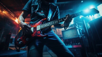 Naklejka premium In video game style, musician holding guitar is playing music, concert stage background.