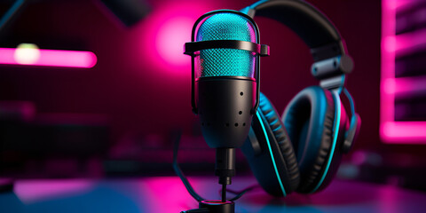 Podcast Studio Essentials Microphone and Headphones Detailed - obrazy, fototapety, plakaty