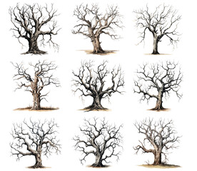 Scary dead withered tree watercolor illustration set, vector illustration - 662633378