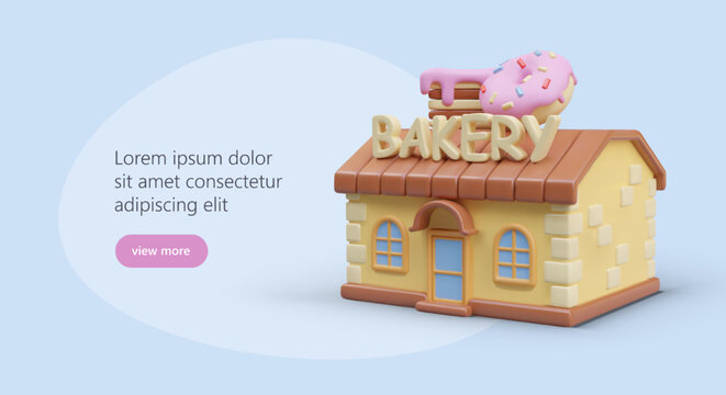 Colorful bakery with decorative desserts on roof. Sweets shop, confectionery online. Cute 3D house in cartoon style. Advertising layout with text and link button