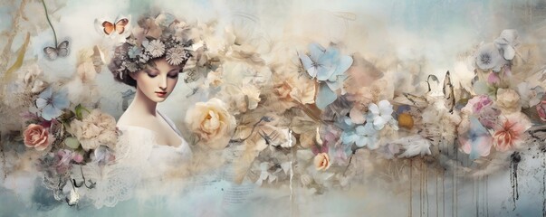 Stunning vintage boho woman background, in the style of collage like mixed media pieces, pastell tones, multilayered dimensions, timeless artistry Generative AI - obrazy, fototapety, plakaty